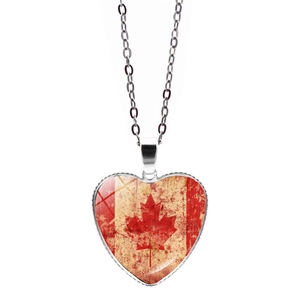 Vintage heart necklace with Canadian flag maple leaf pendant on silver chain