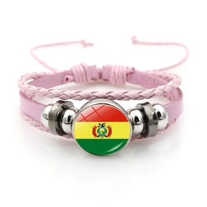 Detail of pink leather woven bracelet with Bolivia flag glass charm and silver beads