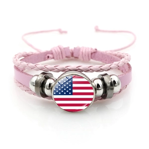 Pink woven leather USA flag bracelet with glass charm and adjustable drawstrings