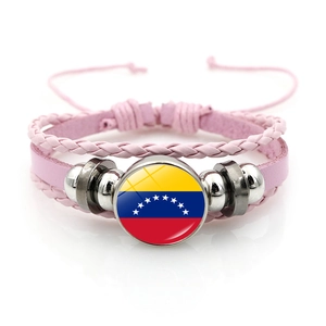 Adjustable multi-layer pink leather bracelet with Venezuela flag glass dome pendant