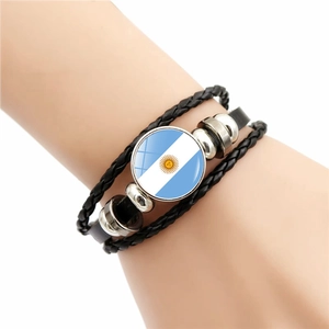 Multilayer braided leather bracelet featuring Argentina flag glass cabochon charm