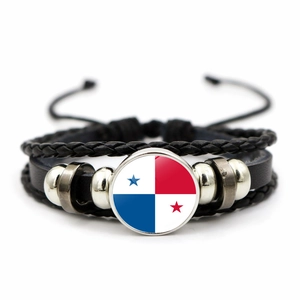 Geflochtenes Lederarmband mit Panama-Flagge-Glasknopf und Retro-Silberperlen