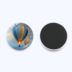 Detailed front and back view of round hot air balloon glass magnet for refrigerators