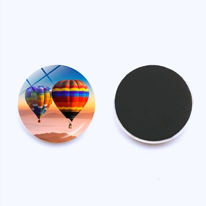Pair of hot air balloon crystal glass fridge magnets showing front and back magnetic side