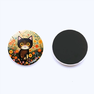 Round crystal glass fridge magnet with colorful abstract black cat art and magnetic back