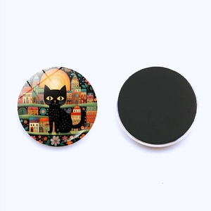 Abstract cat crystal glass fridge magnet with colorful folk art and soft magnetic back