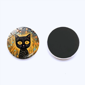 Detailed view of 25mm round glass cat magnets with vibrant floral art and magnetic back