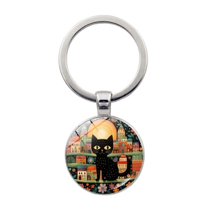 Llavero artístico de metal con ilustración de gato colorida y cúpula de cristal