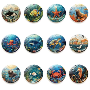 Marine Life Fridge Magnets Round Crystal Glass Sea Turtle Seahorse Magnetic Whiteboard Stickers Home Decor