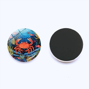 Round crystal glass fridge magnet with colorful crab and marine ocean life illustration