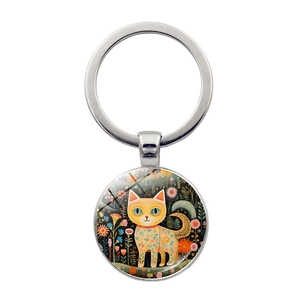 Llavero de Gato Artístico con Cabujón de Vidrio Aleación de Zinc Plata Animal Patrón Floral Colgante de Bolso Joyería Mujer