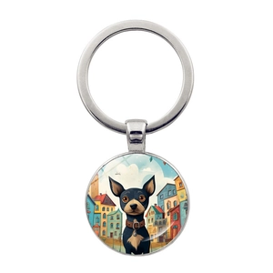 Artistic dog illustration glass pendant keychain with colorful village background
