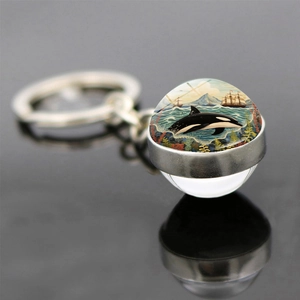 Porte-clés Boule de Verre Double Face Thème Océan Alliage de Zinc Vie Marine Étoile de Mer Baleine Pendentif Anneau de Clé Pour Décoration de Sac à Dos Souvenir Cadeau