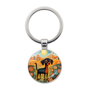 Artistic Abstract Dog Illustration Metal Keychain Zinc Alloy Glass Time Gem Key Ring For Bag Pendant Car Hanging Decoration Unisex