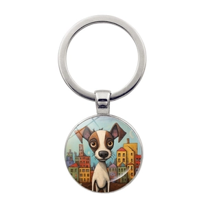 Artistic abstract dog keychain with colorful glass pendant and silver metal ring
