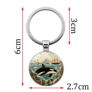 Silver killer whale turtle glass cabochon keychain with ocean illustration art