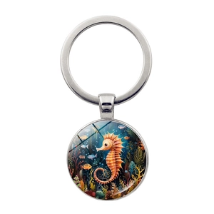 Marine seahorse time gem keychain with polished metal ring and vibrant glass pendant
