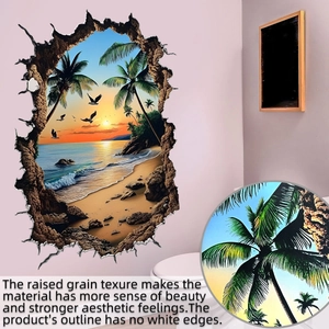 Detail showing 3D cracked wall beach sunset sticker with embossed texture and no white edges