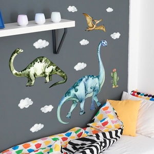 Watercolor dinosaur wall stickers with clouds and cactus for kids bedroom decoration