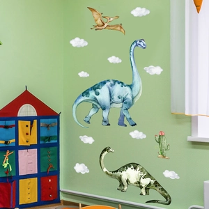 Watercolor cartoon dinosaur wall stickers for kids bedroom with clouds and cactus decor