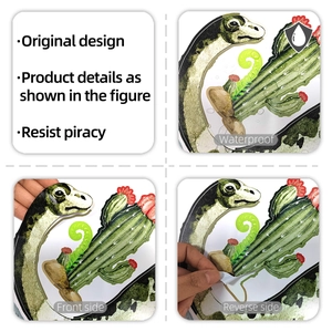 Waterproof cartoon dinosaur sticker with cactus patterns and self-adhesive backing details
