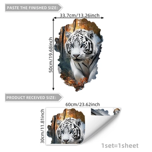 3D white tiger breaking wall sticker mural with forest background for home decor