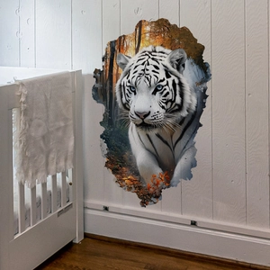 3D broken wall effect sticker featuring a white tiger with blue eyes in a forest setting