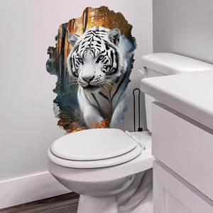 3D white tiger breaking wall sticker with realistic forest background for home decor