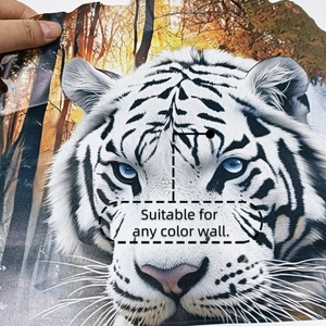 Detail of 3D white tiger wall sticker with blue eyes on autumn forest background