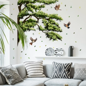 Nature wall sticker featuring lush green tree branches and birds for home decor