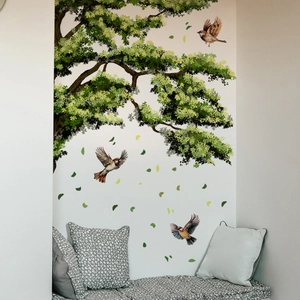 Large green tree and birds wall sticker set for kids room and living room decor