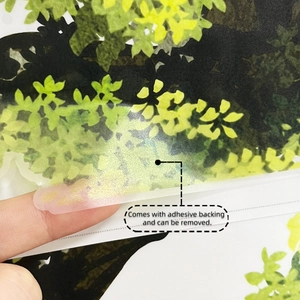 Detail of self-adhesive green leaf wall sticker being peeled to show removable backing