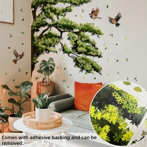 Detail view of bird and tree branch wall decals with self-adhesive backing texture