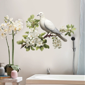 Self-adhesive wall sticker featuring a white pigeon on floral branches for home decor
