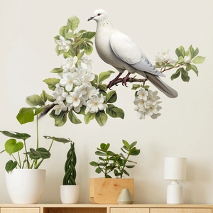 Creative wall sticker with white dove and blooming flowers for minimalist home decor