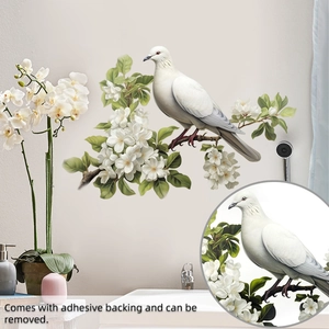 Detail of bird and white floral wall sticker with adhesive backing for room decoration