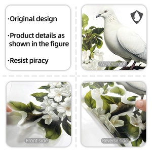 Detail of waterproof bird and flower wall decal showing adhesive backing and front texture