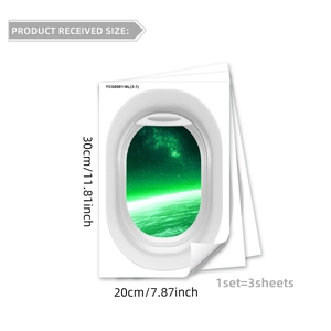 3-piece set of 3D airplane window wall decals featuring galaxy and green aurora views