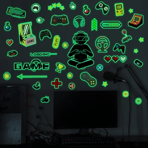 Luminous gaming wall stickers set featuring glowing controllers and retro console icons