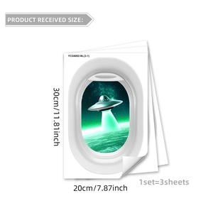 Three UFO themed airplane window stickers showing dimensions 20x30cm each for wall decor
