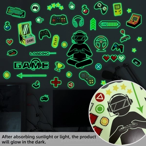 Luminous gaming wall decals featuring glowing controllers and icons in dark room