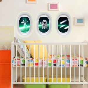 Detailed view of 3D space theme window wall stickers featuring UFO and astronaut decor