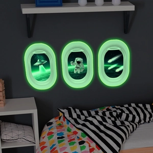 Luminous airplane window wall stickers featuring astronaut and UFO space scenes