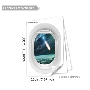 Three-piece set of 3D airplane window outer space wall stickers measuring 30x20cm each