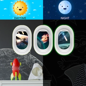 Luminous airplane window space wall decals showing day and night fluorescent visual effects