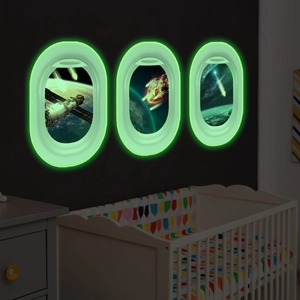 Three glow-in-the-dark spaceship porthole wall decals showing space and Earth views