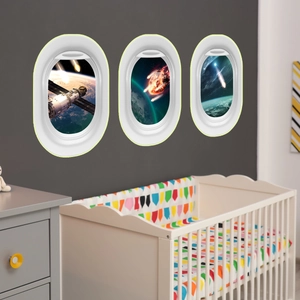 Three-piece 3D airplane window wall stickers featuring space station and meteor themes