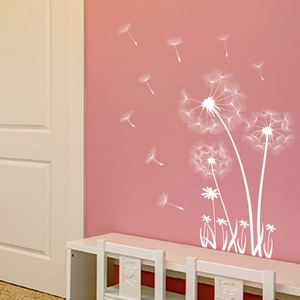 White dandelion wall sticker for children's room on pink background wall decor