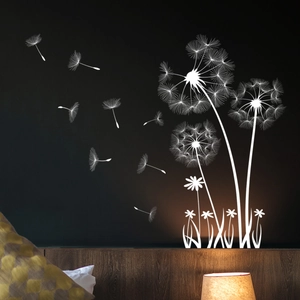 Modern white dandelion wall stickers set on dark bedroom wall for elegant home decor