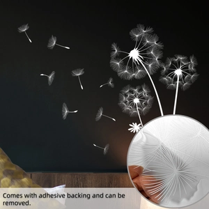 Detail of white dandelion wall sticker with self-adhesive backing for easy removal